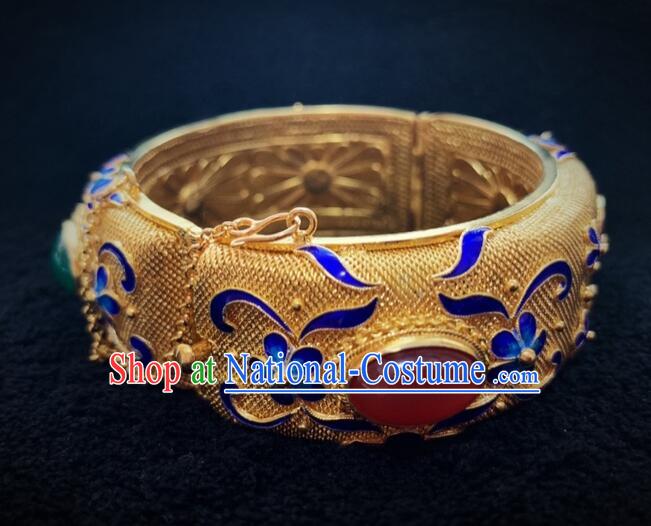 Chinese Traditional Filigree Bracelet Handmade Qing Dynasty Court Golden Bracelet Ancient Empress Ruyi Gems Jewelry