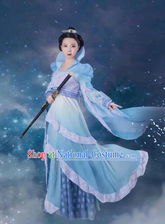 China Ancient Fairy Princess Blue Dress Clothing TV Series Chinese Paladin Long Kui Costumes