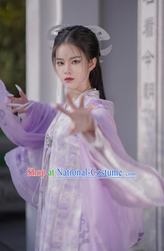 Chinese TV Series The Heaven Sword and Dragon Saber Zhou Zhiruo Garment Costumes China Swordswoman Purple Dress Clothing