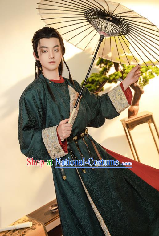 Chinese Ancient Swordsman Garment Costume Tang Dynasty Noble Childe Clothing Traditional Hanfu Dark Green Robe