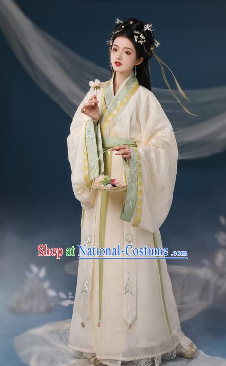 Chinese Ancient Palace Princess Clothing Traditional Embroidered Beige Hanfu Dress Eastern Han Dynasty Garment Costumes