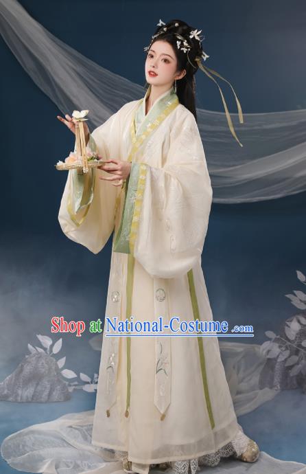 Chinese Ancient Palace Princess Clothing Traditional Embroidered Beige Hanfu Dress Eastern Han Dynasty Garment Costumes