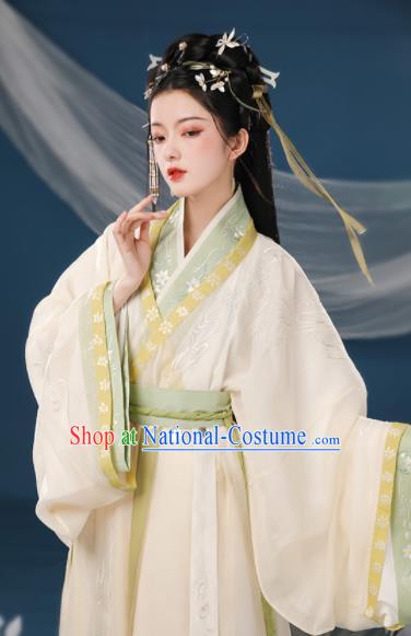 Chinese Ancient Palace Princess Clothing Traditional Embroidered Beige Hanfu Dress Eastern Han Dynasty Garment Costumes