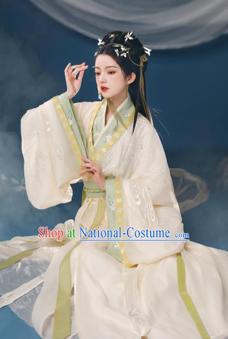 Chinese Ancient Palace Princess Clothing Traditional Embroidered Beige Hanfu Dress Eastern Han Dynasty Garment Costumes