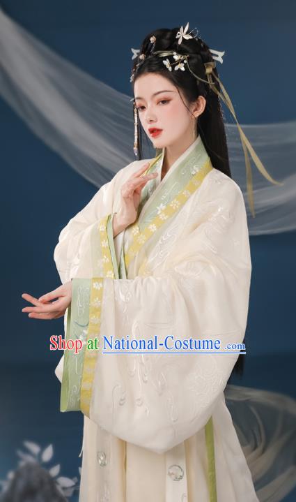 Chinese Ancient Palace Princess Clothing Traditional Embroidered Beige Hanfu Dress Eastern Han Dynasty Garment Costumes