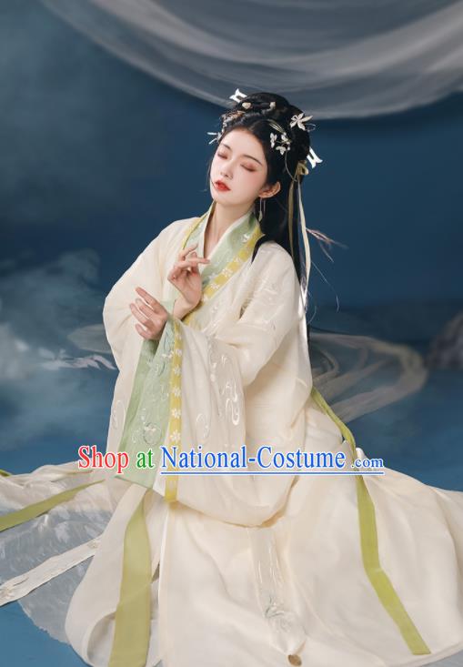 Chinese Ancient Palace Princess Clothing Traditional Embroidered Beige Hanfu Dress Eastern Han Dynasty Garment Costumes