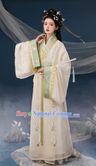 Chinese Ancient Palace Princess Clothing Traditional Embroidered Beige Hanfu Dress Eastern Han Dynasty Garment Costumes