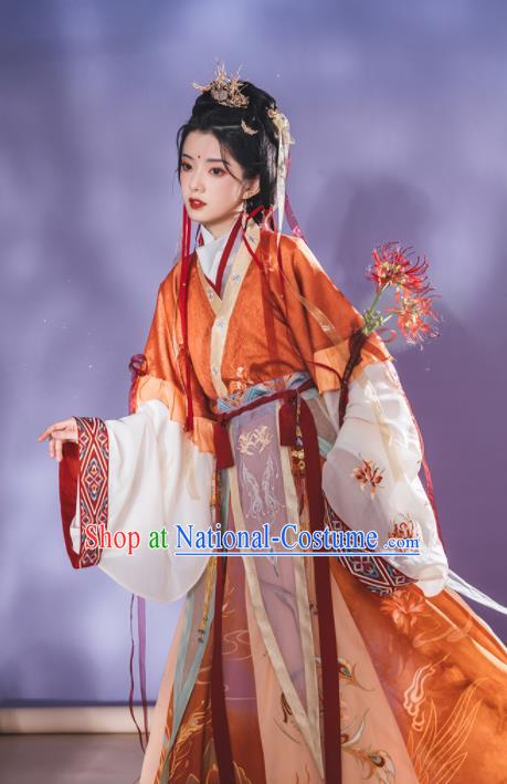 Chinese Jin Dynasty Royal Princess Garment Costumes Ancient Flower Fairy Clothing Traditional Embroidered Red Hanfu Dress