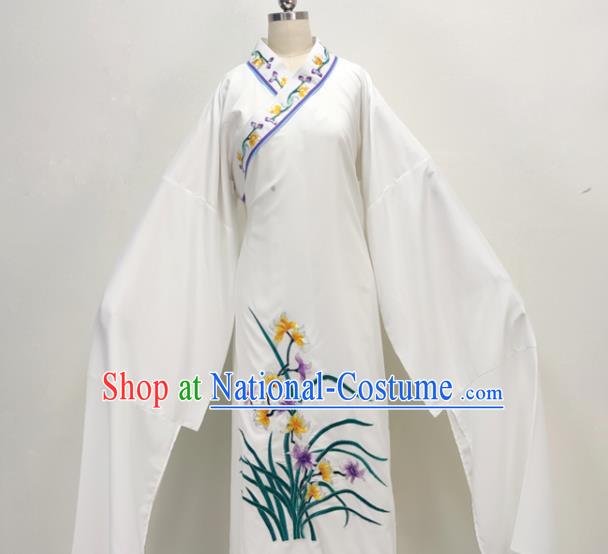 Chinese Beijing Opera Xiaosheng Embroidered Orchids White Robe Shaoxing Opera Scholar Clothing Ancient Childe Costume