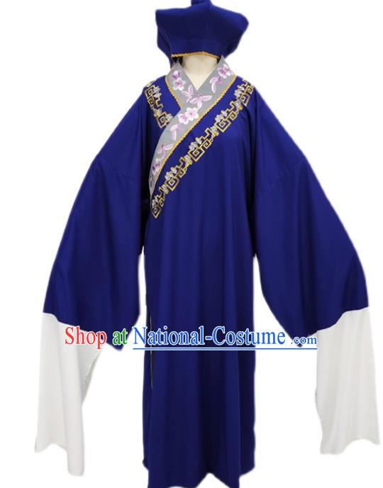 Chinese Shaoxing Opera Tang Bohu Clothing Peking Opera Xiaosheng Garment Costume Ancient Scholar Dark Blue Robe