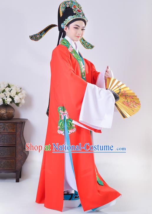 Chinese Shaoxing Opera Childe Clothing Ancient Scholar Zhao Sheng Costume Beijing Opera Young Male Red Cape