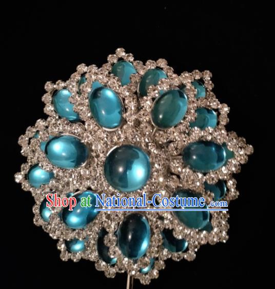 Chinese Peking Opera Hua Tan Blue Gems Hair Jewelry Beijing Opera Actress Headpiece Ancient Empress Crystal Hair Pin