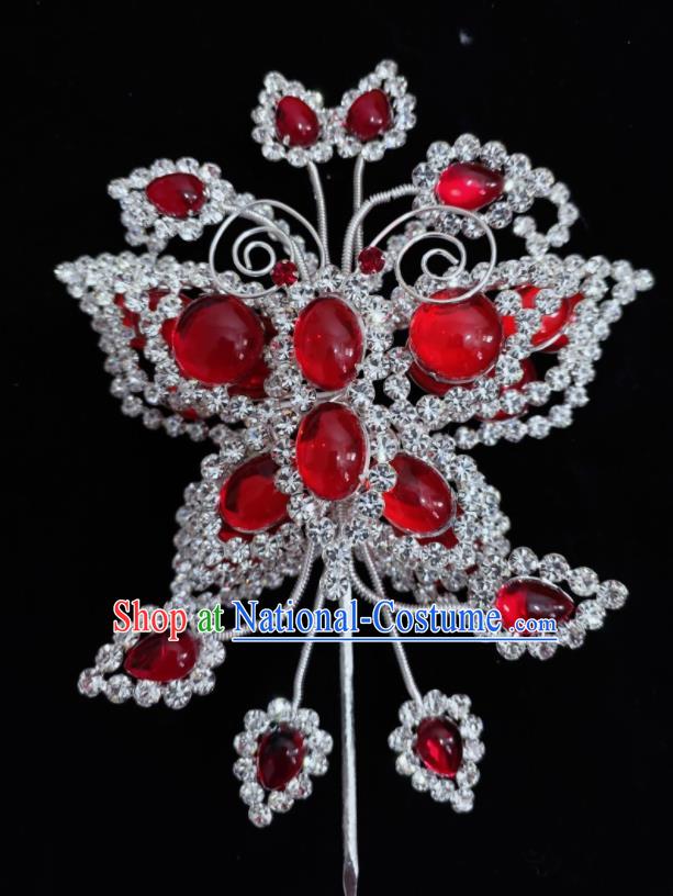 Chinese Beijing Opera Actress Red Gems Headpiece Ancient Empress Crystal Butterfly Hair Pin Peking Opera Hua Tan Hair Jewelry