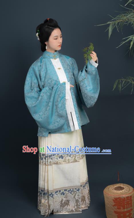 Chinese Ancient Noble Woman Blue Blouse and White Brocade Skirt Ming Dynasty Historical Costume