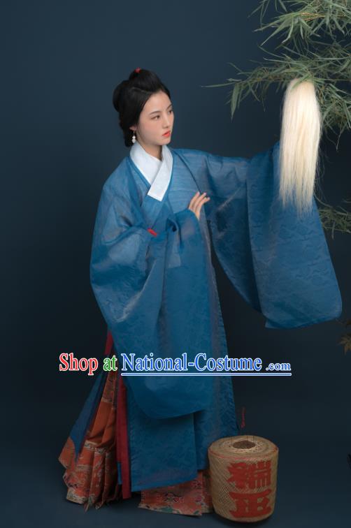 Chinese Ming Dynasty Historical Costume Ancient Noble Woman Blue Silk Long Gown