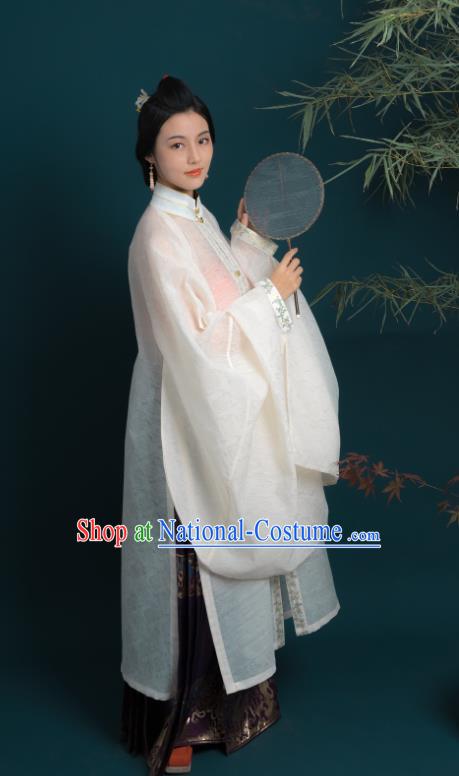 Chinese Ming Dynasty Noble Woman Historical Costume Ancient Fairlady Beige Long Gown and Purple Skirt Complete Set