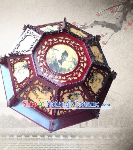 Chinese Landscape Painting Ceiling Lantern Handmade Rosewood Lantern Traditional Octagonal Ceiling Lamp