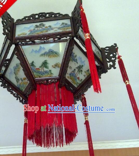 Chinese Handmade Rosewood Lantern Traditional Ceiling Lamp Landscape Painting Ceiling Lantern