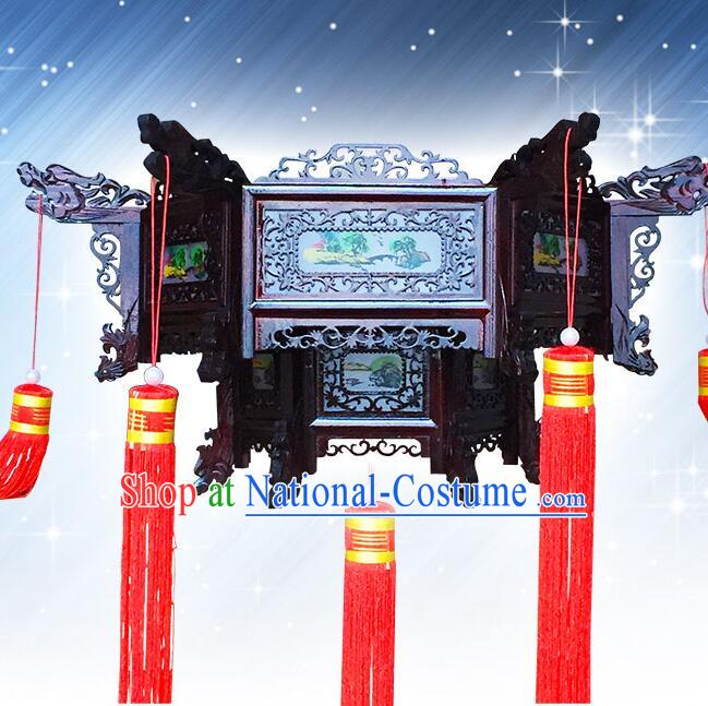 Chinese Landscape Painting Palace Lantern Handmade Rosewood Lantern Traditional Ceiling Lamp