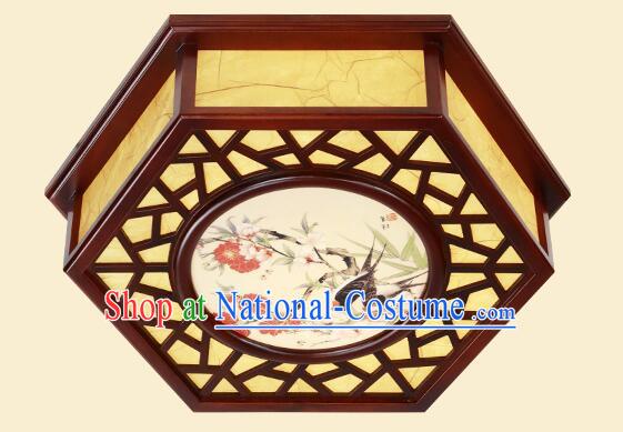 Chinese Handmade Wood Lantern Traditional Ceiling Parchment Lamp Painting of Birds and Flowers Lantern