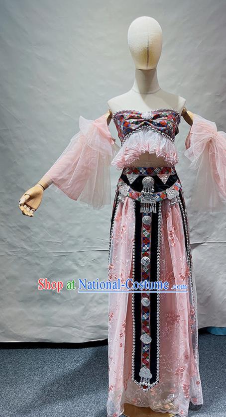 Chinese Va Nationality Costume Belly Dance Garment Folk Dance Clothing