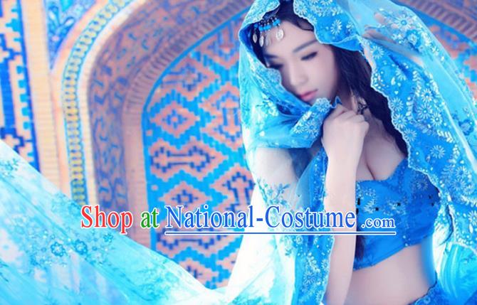 Chinese Ancient Dance Lady Blue Dress Costume Western Regions Beauty Clothing