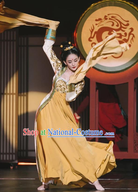 Chinese Flying Apsaras in Dunhuang Murals Clothing Ancient Water Sleeve Dance Yellow Dress Costume