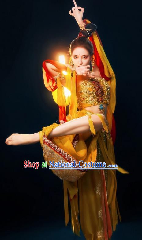 Chinese Ancient Lou Lan Princess Dress Costume Flying Apsaras in Dunhuang Murals Dance Clothing