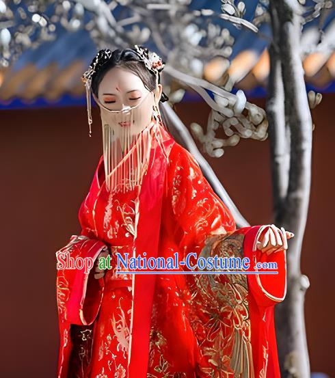 Chinese Wedding Costume Han Dynasty Empress Clothing Ancient Embroidered Red Dress