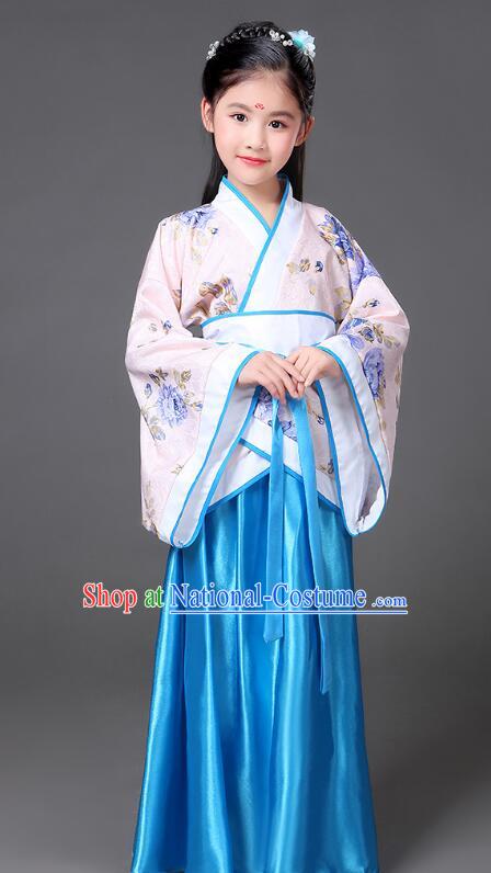 Chinese Han Dynasty Princess Garment Costume Ancient Palace Lady Blue Dress Clothing for Children