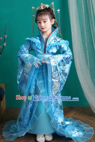 Chinese Tang Dynasty Imperial Empress Garment Costume Children Clothing Ancient Princess Blue Trailing Dress