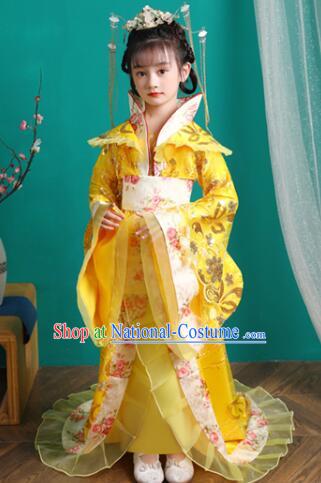 Chinese Ancient Imperial Concubine Yellow Trailing Dress Tang Dynasty Imperial Empress Garment Costume Children Clothing