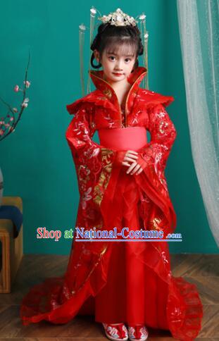 Chinese Ancient Children Clothing Imperial Concubine Red Trailing Dress Tang Dynasty Imperial Empress Garment Costume