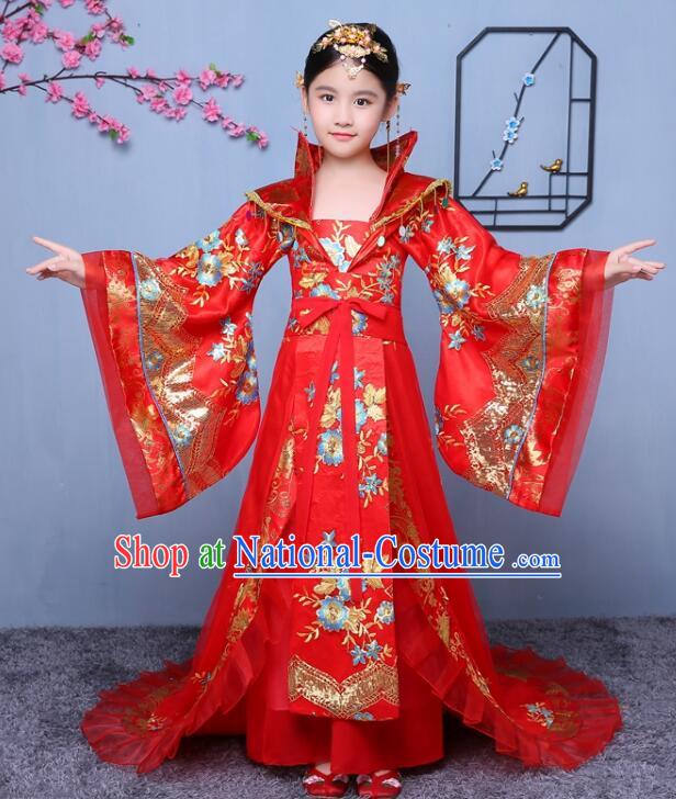 Chinese Tang Dynasty Empress Garment Costume Ancient Children Clothing Fairy Red Dress