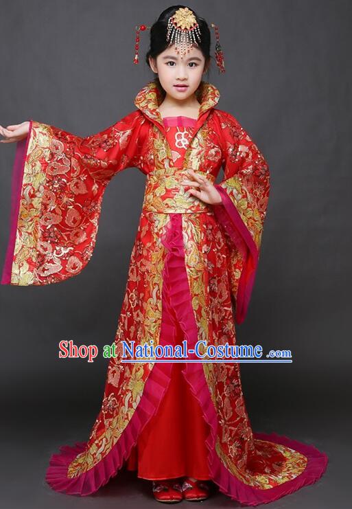 Chinese Ancient Children Clothing Princess Red Dress Tang Dynasty Imperial Concubine Garment Costume