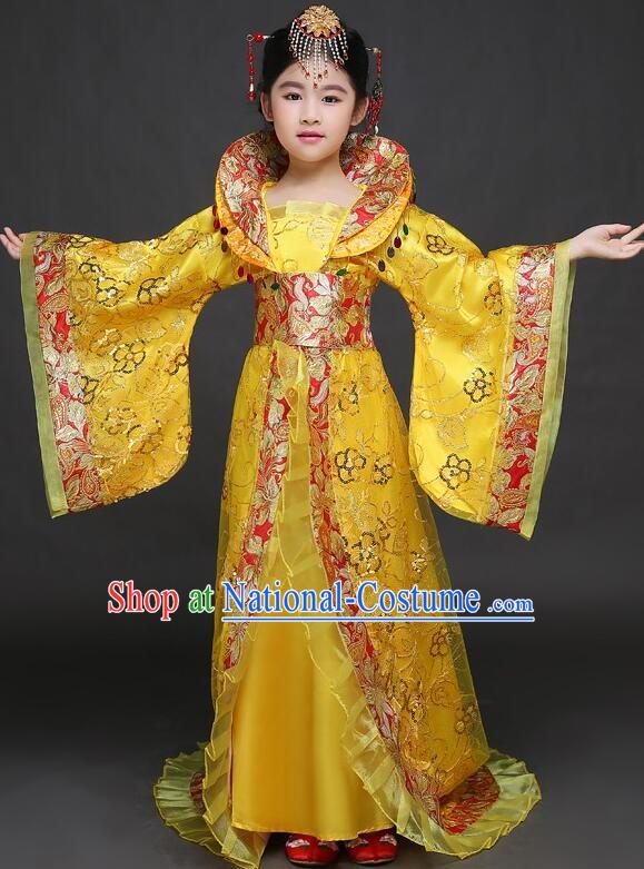 Chinese Tang Dynasty Imperial Concubine Garment Costume Ancient Children Clothing Empress Yellow Dress