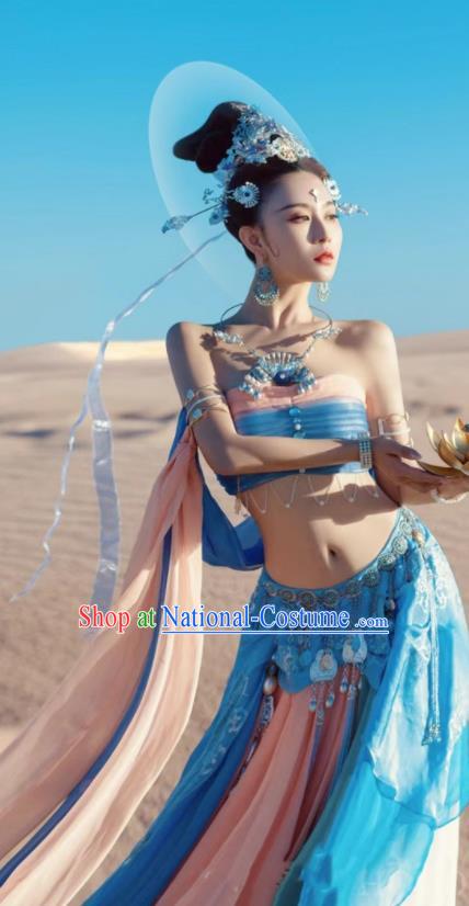 Chinese Classical Flying Apsaras Dance Clothing Dunhuang Dance Blue Dress Ancient Goddess Garments