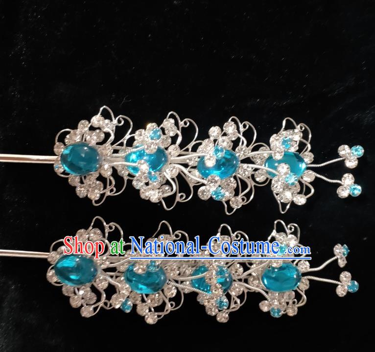 Chinese Peking Opera Blue Hair Jewelry Ancient Princess Butterfly Headpiece Traditional Beijing Opera Hua Tan Hairpin