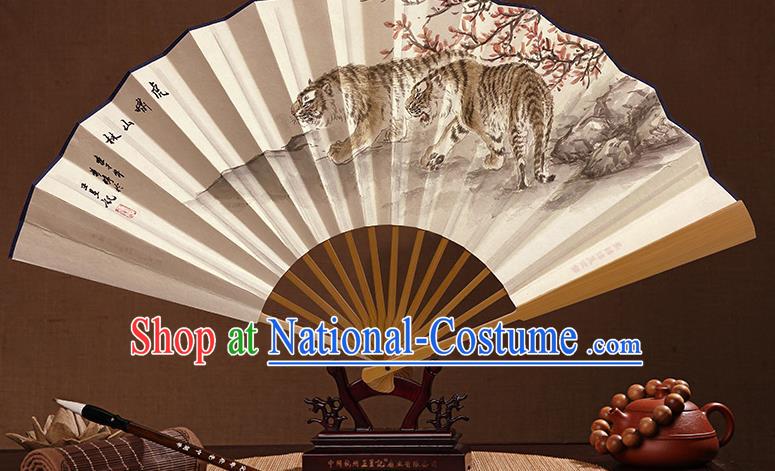 Chinese In Painting Tigers Fan Handmade Paper Fan Traditional Wenge Folding Fans