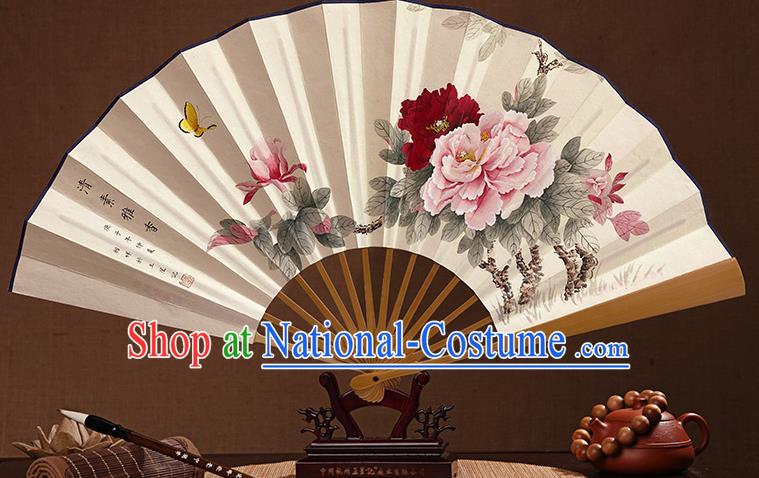 Chinese Traditional Wenge Folding Fans In Painting Peony Flowers Fan Handmade Paper Fan