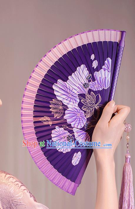 Chinese Handmade Bamboo Fan Traditional Folding Fans Painting Lotus Fan