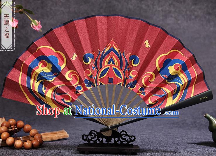 Chinese Painting Red Silk Fan Handmade Bamboo Fan Accordion Traditional Folding Fans