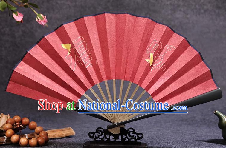 Chinese Painting Red Silk Fan Handmade Bamboo Fan Accordion Traditional Folding Fans