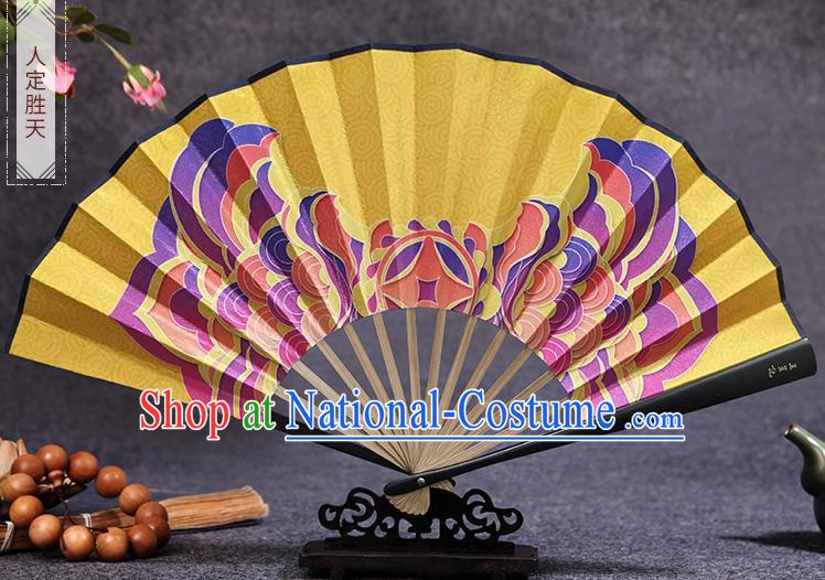 Chinese Traditional Folding Fans Painting Yellow Silk Fan Handmade Bamboo Fan Accordion