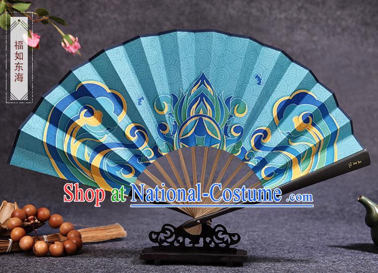 Chinese Bamboo Fan Traditional Folding Fans Painting Blue Silk Fan Handmade Accordion