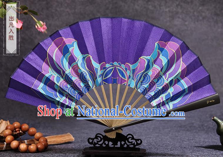 Chinese Handmade Accordion Bamboo Fan Traditional Folding Fans Painting Purple Silk Fan