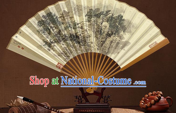 Chinese Traditional Folding Fans Ink Painting Landscape Fan Handmade Xuan Paper Accordion Bamboo Fan