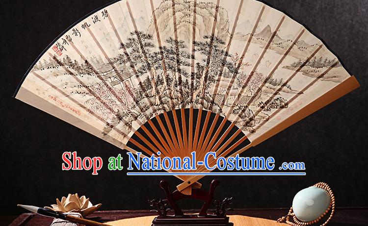 Chinese Ink Painting Landscape Fan Handmade Xuan Paper Accordion Bamboo Fan Traditional Folding Fans