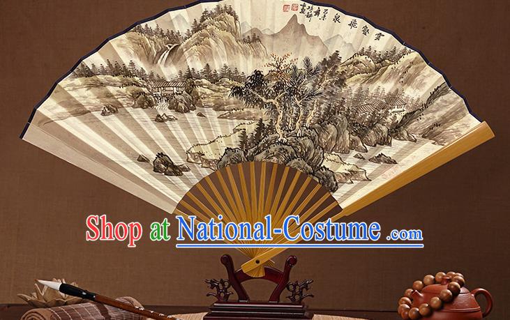 Chinese Bamboo Fan Traditional Folding Fans Ink Painting Landscape Fan Handmade Xuan Paper Accordion