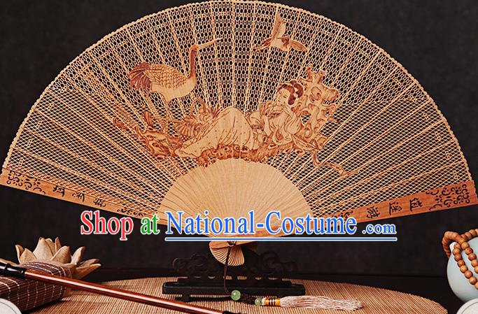 Chinese Handmade Women Accordion Sandalwood Fan Traditional Folding Fans Carved Goddess Crane Fan